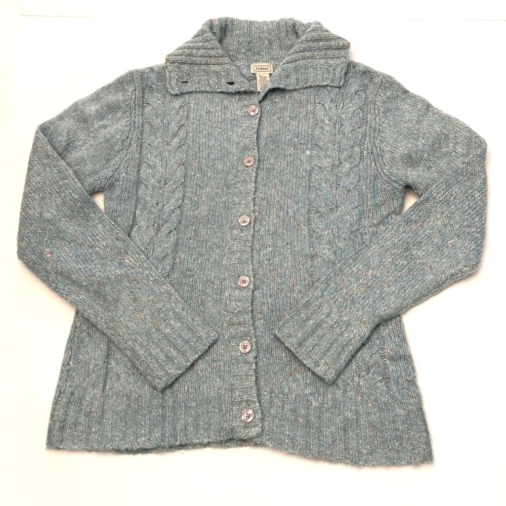 LL Bean Womens Cardigan Sweater Womens M Aqua Marled‎ Collar Button Wool Blend